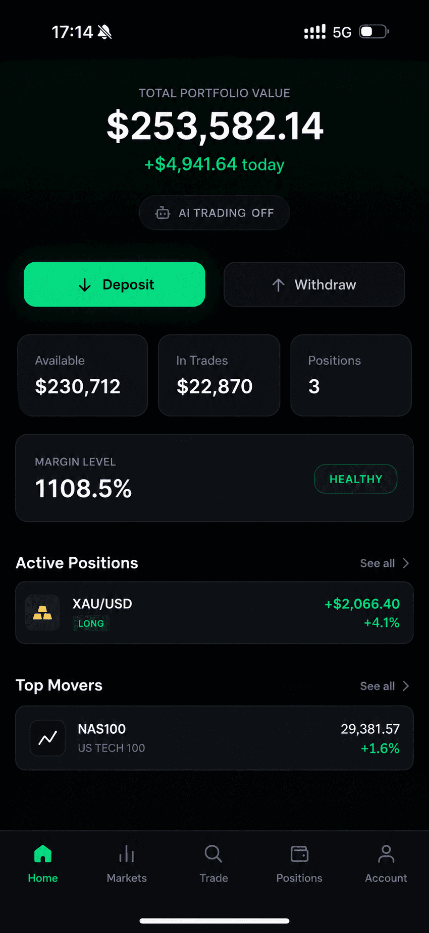 Mobile account overview with demo data