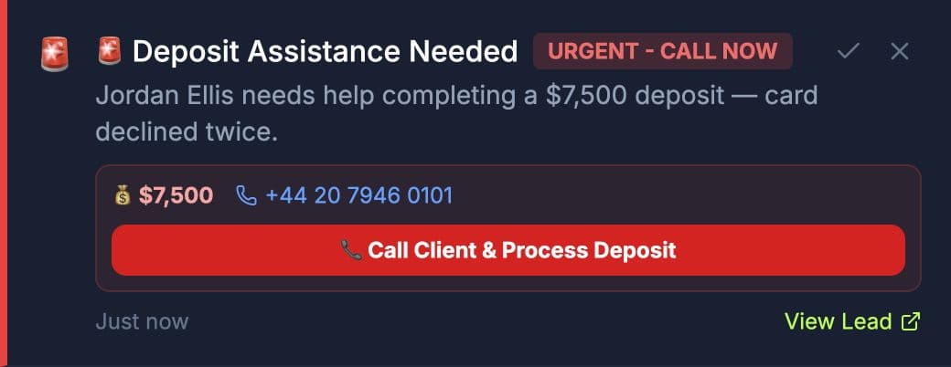 Broker CRM deposit-assistance notification with fictional client details and a follow-up action