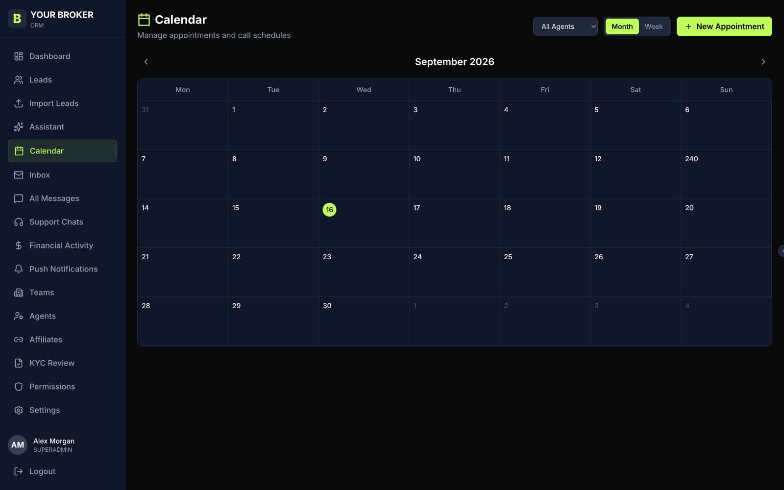 Broker CRM calendar for appointments and callbacks